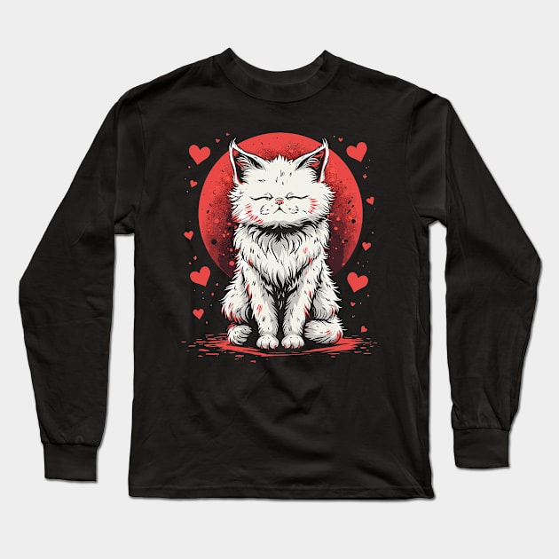 Cute White Anime Cat | Valentines Day Long Sleeve T-Shirt by Indigo Lake